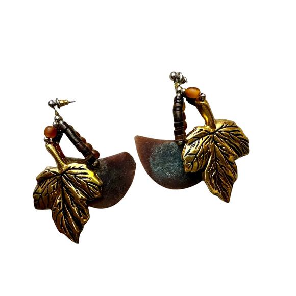 Vintage Leaf Mixed Media Post Dangle Earrings - Picture 1 of 7